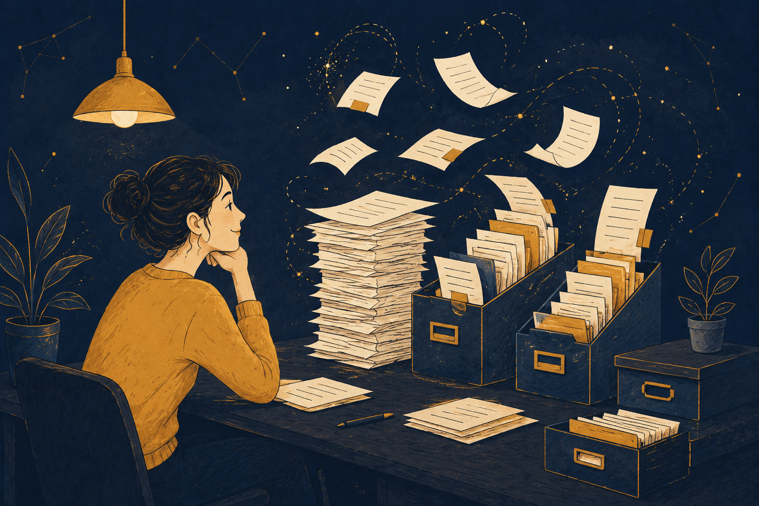 Illustratie: bureau met papieren die zich ordenen